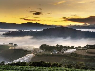 Landskab og marker ved solnedgang, Dalat